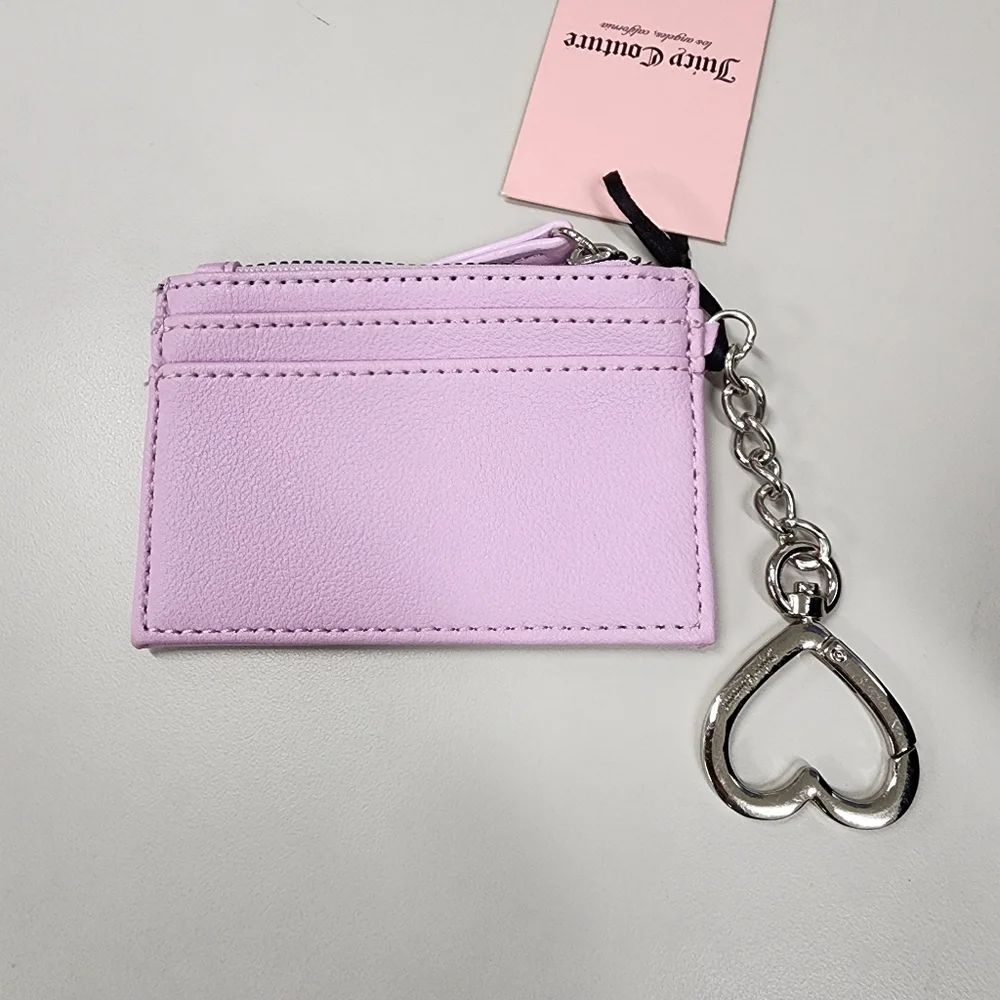 Juicy Couture Pink Faux Leather Glam Card Case Wallet Silver Heart Keychain Clip